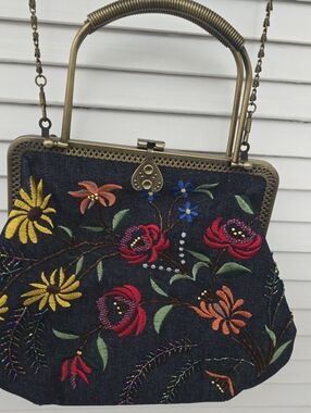 Embroidered Floral Denim Handbag - Navy with Multicolor Flowers